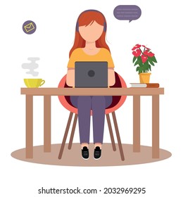 The girl works at home. Work at home. Flat vector illustration
