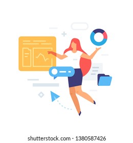 Girl works with the interface in the cloud icon, illustration. Smartphones tablets user interface social media.Flat illustration Icons infographics. Landing page site print poster. Eps vector.