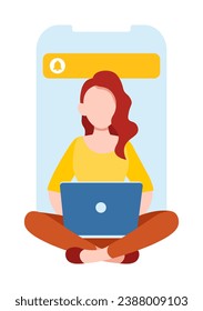 Girl works at the laptop computer. Flat vector illustration of freelance, work at home, work, office, education. Remote work and communication in social networks. Cartoon style