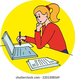 The girl works at a laptop and fills out paperwork. The girl enthusiastically writes something on paper. Vector illustration. Office work, manager