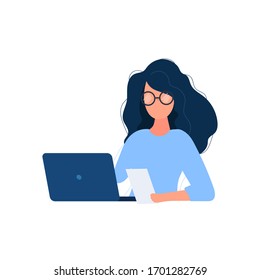 The girl works at a laptop. Flat style. Good for image work, office, hiring staff. Vector illustration.
