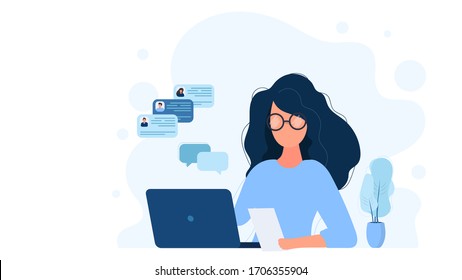 The girl works at a laptop. Flat style. Good for image work, office, hiring staff. Vector illustration.