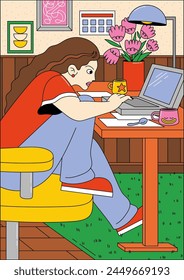 The girl works with a laptop. Home office. Work at home. Laptop, wrong posture. Color illustration.