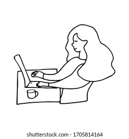 Girl works at a laptop at home. Remote work, freelancer, work from home. Black and white doodle vector