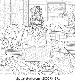 Ein Mädchen arbeitet bei einem Laptop von zu Hause.Freelance.Farbbuch Antistress für Kinder und Erwachsene. Illustration einzeln auf weißem Hintergrund.Zen-Winkel-Stil. Handziehen