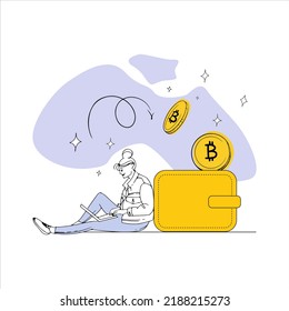 a girl works at a laptop leaning on a wallet into which bitcoins are falling illustration on the theme of cryptocurrencies in sketch style