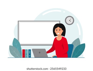 Girl works at a laptop. Office work. Remote work on the Internet. Communication. Vector illustrations on a white background. Flat design