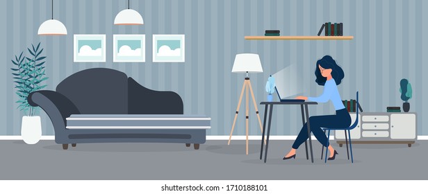 Girl works at a laptop in a stylish office. A study, a computer, a sofa, a wardrobe, a bookcase with books, paintings on the wall. Work at home. Vector.