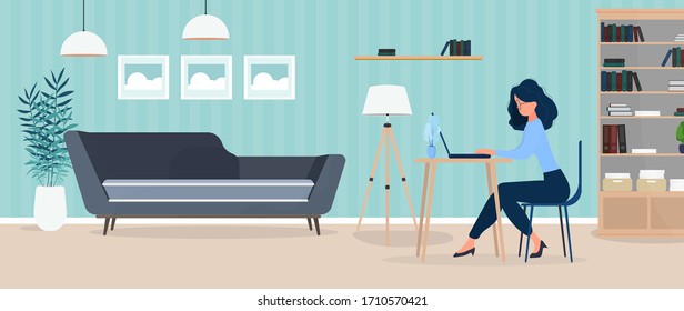 Girl works at a laptop in a stylish office. A study, a computer, a sofa, a wardrobe, a bookcase with books, paintings on the wall. Work at home. Vector.