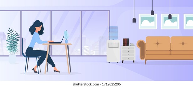 Girl works at a laptop in a stylish office. A study, a computer, a sofa, a wardrobe, a bookcase with books, paintings on the wall. Work at home. Vector.