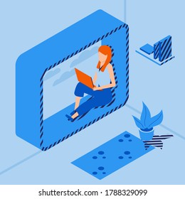 The girl works at the laptop. A woman sits at the window and studies online. Communication through social networks. Color - blue and orange. Style is isometric. Vector isolated illustration.