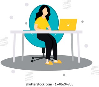 The girl works at a laptop - working atmosphere, table, chair, slippers, work in the office, work at home
