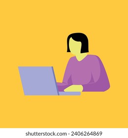 A girl works with a netbook. Simple vector drawing.