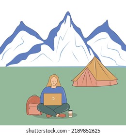 The girl works on a computer against the backdrop of mountains. Travel. Camping. Distant work. Freelance. Colorful flat illustration for your creativity.