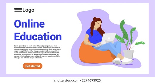 The girl works on a computer in a bag chair. Study and work at home. Woman at work. Online learning. Landing template. Freelance work. Work and study from home.
