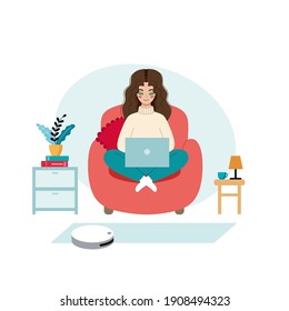 The girl works on the computer at home. The robot vacuum cleaner does the cleaning of the apartment. Vector illustration on the topic of freelancing, remote work.