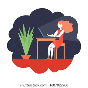 The girl works on the computer. Vector color illustration.