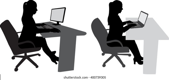 Girl works on a computer vector silhouette