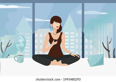 The girl works on a laptop in a comfortable environment. She is sitting in the lotus position, talking on the phone, drinking coffee. Business woman against the background of a modern city. Vector.