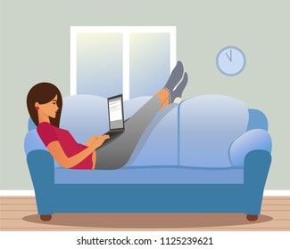 Girl works on the laptop and lies on the sofa at home. Vector illustration of freelance work.