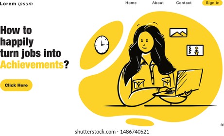 A girl works on the laptop. Vector flat illustration. Landing page template, cartoon style.
