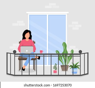 Girl works on a laptop while sitting on the balcony. Online training or freelance. Self-isolation during quarantine. Remote work. Unemployment or job search.  Social Distancing. Vector illustration.