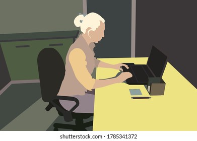 The girl works on a laptop. Workplace behind the side. Vector color illustration.