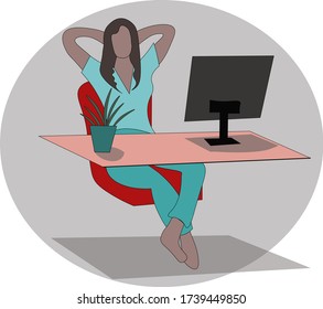 The girl works online. Working at home, coworking space, concept illustration. Young people, man and woman freelancers working on laptops and computers at home. Vector flat style illustration. 