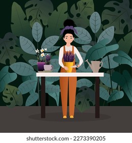 The girl works with plants in the greenhouse. A woman plants flower pots