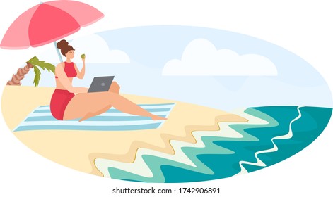 The girl works remotely on the beach. Freelancer in a warm country. Palm trees, sand, sea. Dream job.