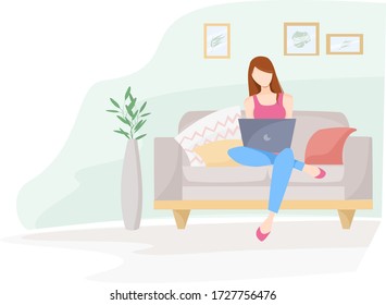 Girl works sitting at home. Remote work, freelance. Self-isolation during the coronavirus epidemic. The interior of the room. Flat vector illustration.