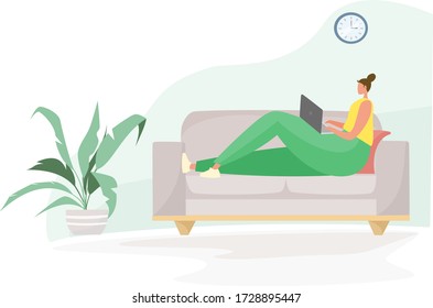 Girl works sitting at home. Remote work, freelance. Self-isolation during the coronavirus epidemic. The interior of the room. Flat vector illustration.