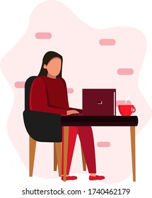 the girl works sitting at a table with a laptop. Girl programmer, designer, freelancer, concept of remote work from home