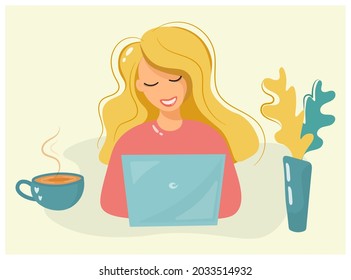 The girl works and studies at the computer. The beginning of the school year. Cheerful blonde with a laptop and a cup of coffee. Autumn leaves in a vase. Remote work and training. Flat vector design.