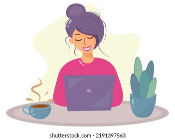 The girl works and studies at the computer. Beginning of the school year. Woman web developer with laptop. Table with home plant and cup of tea or coffee. Remote work and training. Flat vector