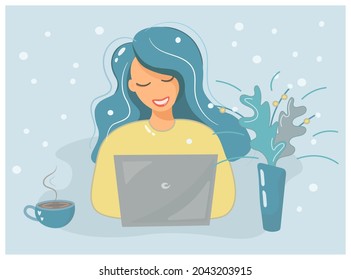 The girl works and studies at the computer. Winter period. Submission of reports, exams. Cheerful blonde with a laptop and a cup of coffee. Remote work and training. Flat vector design with cute woman