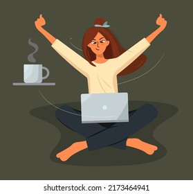 The girl works, studies successfully. Happy woman with laptop celebrating victory by raising her hands in a joyful gesture. Student education and success emotions concept Vector flat style in the dark