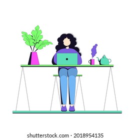 The girl works at the table. Businesswoman is sitting at the desk and working on the laptop. Flat vector illustration isolated on white background