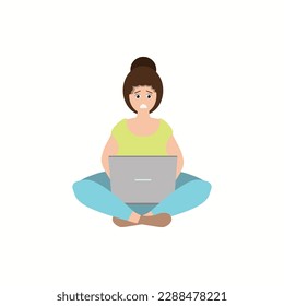 The girl is worried while sitting at her laptop. Vector illustration of a white woman isolated on a white background. 
A girl with an emotion of fear, worry looks at the computer. 10 eps