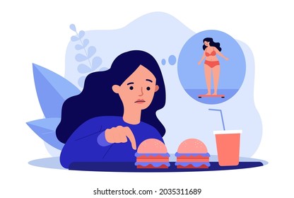 Girl worrying about her appearance, eating fast food. Flat vector illustration. Cartoon woman looking at hamburgers and soda, thinking about being overweight. Diet, health, junk food concept