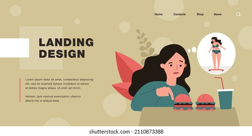 Girl worrying about her appearance, eating fast food. Flat vector illustration. Cartoon woman looking at hamburgers and soda, thinking about being overweight. Diet, health, junk food concept