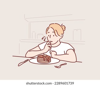 Girl worrying about her appearance, eating pancake. Hand drawn style vector design illustrations.