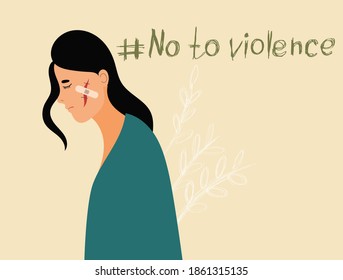 A girl with a wound on her cheek covered with a band-aid, a girl subjected to domestic violence, the concept of no violence