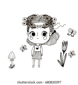 Girl with a woven wreath of flowers on her head,hand drawn vector illustration /can be used for kid's or baby's shirt design/fashion print design/kids wear/Pattern for coloring book. 