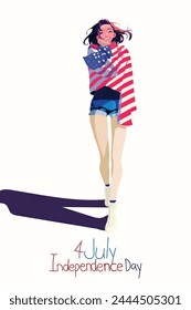 A girl wrapped in an American flag is standing , smiling and looking at the camera. 
The background color of the illustration written with "4th of July". she very happy and excited for this day.