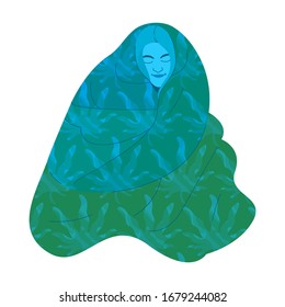 Girl wrapped in a blanket with a pattern.Cannabis ornament.Concept of having a good time at home.Vector illustration