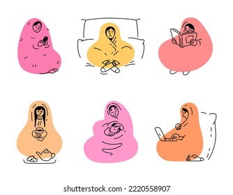 The girl is wrapped in a blanket. Set of funny doodle style vector illustrations. The girl reads, strokes the cat, works, drinks tea at home.