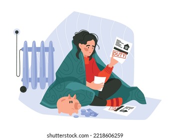 A girl wrapped in a blanket sits on the floor. Apartment bill. Debts for utility bills. Concept. Vector image.