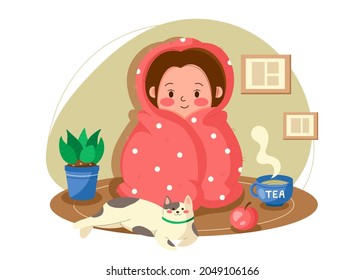 Girl wrapped in blanket. Spending time at home. Cozy evening - best time for love yourself. Cute vector illustration in cartoon style. Female character trying to keep warm in a blanket on a cold day.
