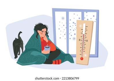 The girl is wrapped in a blanket. The woman is cold in the apartment. The thermometer shows the temperature. Vector image.